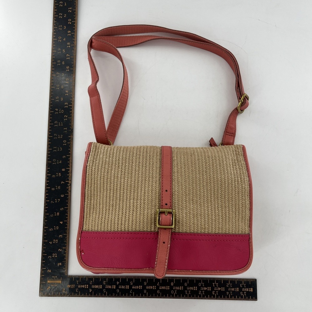 Rare Vintage Fossil Crossbody Messenger Straw & Leather Tablet Bag Pink Coral - Picture 14 of 16